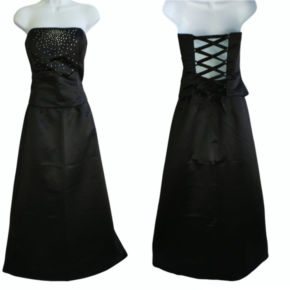 Scott McClintock Dresses & Skirts - Scott McClintock Black Satin Vintage Gown Maxi Corset Boning Starry Rhinestones